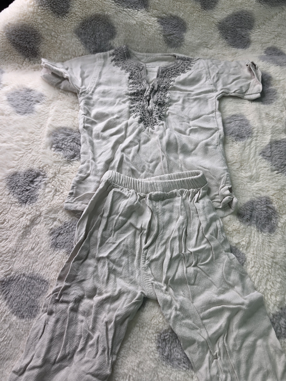 Kids Light Gray Embroidered Pajama/loungewear Set